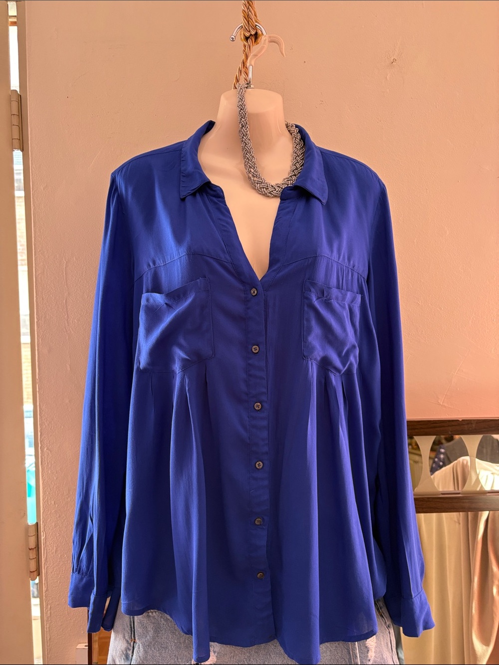 Anthropologie Royal Blue Silk Button-Down Blouse. RAYON